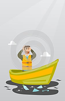 Man floating in a boat in polluted water.