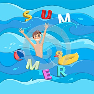 A man floating on the waves in the sea with an inflatable circle in the form of a duck, a ball and letters folding the word `Summe