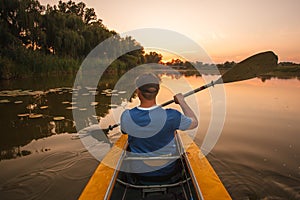 Man floats on the kayak. kayak man sunset water sports