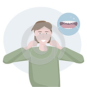 A man flossing his teeth. Example of care - open mouth with tongue and healthy clean teeth. Mouth hygiene every day