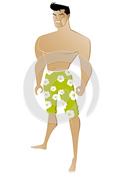 Man in flowered swim trunks