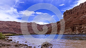 Man Fly Fishing on the Colorado river at Lees Ferry, AZ