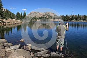 Man fly fishing on lake