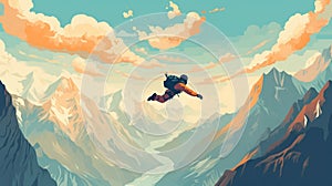 A man flying through the air while riding a snowboard. Generative AI image.