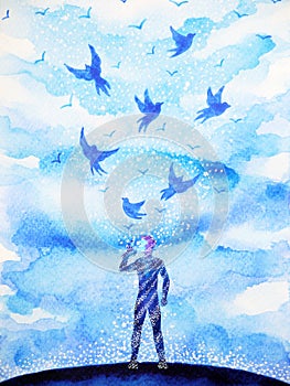 Man and flying birds free, relax mind with open sky, abstract