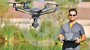 Man Flying A Camera Drone UAS (Wide-Screen & Large File)