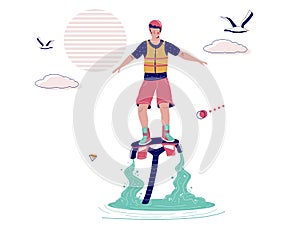 Man flying on flyboard, vector illustration. Flyboarding, extreme water sports, beach activities. Flyboard water jetpack