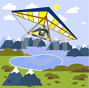 Man is flying a hang glider. Style flat. Vector illustration.