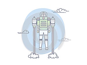 Man Flying With Jetpack In Blue Sky With Clouds. Start With Dense Clouds of Smoke.