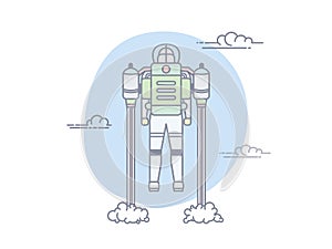 Man Flying With Jetpack In Blue Sky With Clouds. Start With Dense Clouds of Smoke. photo