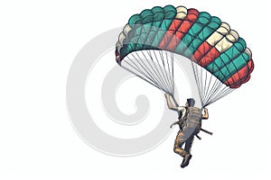 A man is flying in a parachute. Place for text.