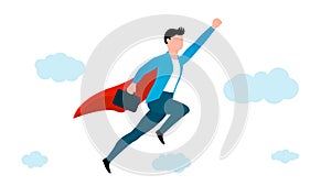 Man flying in superhero pose with briefcase, business character vector illustration on white background