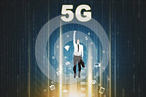 Man flying upwards with 5G network symbol