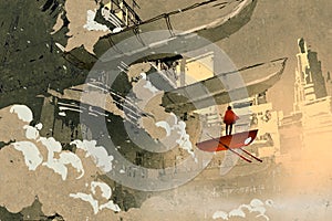 Man on with the flying vehicle floating in futuristic city photo