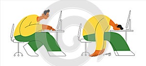 A man focused at computer, then exhaustedly lying face down on desk. Depicts work stress and fatigue. Concept of burnout