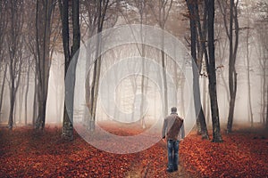 Man in a foggy forest during autumn