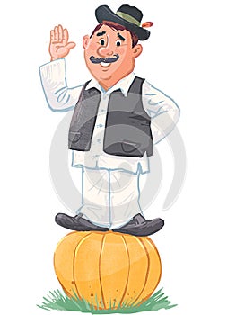 Man in a folk costume from Vojvodina, Serbia stands on a large pumpkin