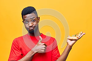 man food black guy delivery happy pizza weight food cheerful smile background fast