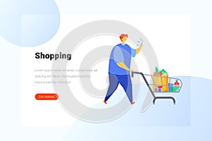 Man with food in shopping cart looks at smartphone Flat vector illustration. Landing Page design template