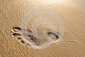 Man foot print on a white sand beach