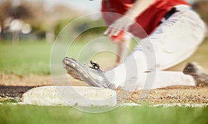 Man, foot or slide on sports baseball field in game, match or competition challenge for homerun motion blur. Athlete photo