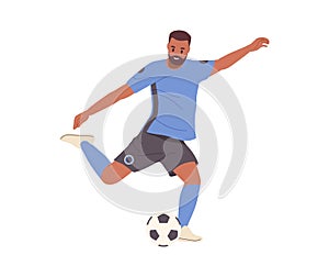 Man football player kicking ball in run motion trying to score goal isolated on white background