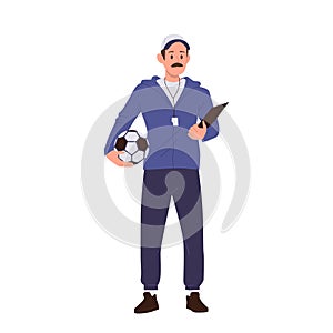 Man football teacher soccer coacher cartoon character holding ball and clipboard isolated on white