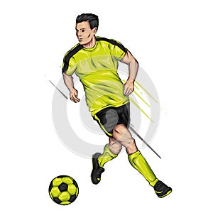 A man in football uniform and with a ball. Footballer. Sports and health. Vector illustration for postcard or poster.