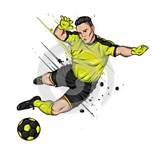 A man in football uniform and with a ball. Footballer. Sports and health. Vector illustration for postcard or poster.
