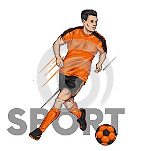 A man in football uniform and with a ball. Footballer. Sports and health. Vector illustration for postcard or poster.