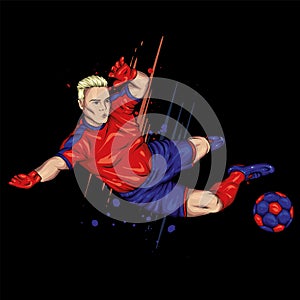 A man in football uniform and with a ball. Footballer. Sports and health. Vector illustration for postcard or poster, print.