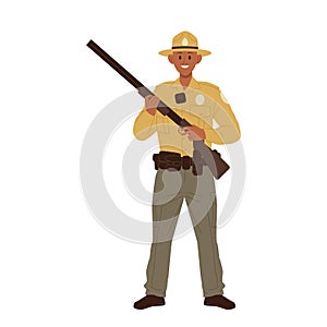 Man forest ranger cartoon character standing with riffle vector illustration isolated on white