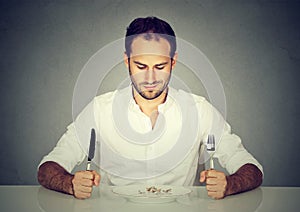 Man with fork and knife sitting at table looking at empty plate