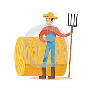 Man With Fork Standing Next To Hay Stack, Farmer Working At The Farm And Selling On Natural Organic Product Market