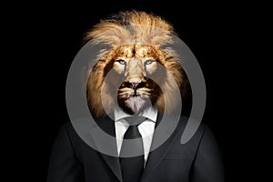Man in the form of a Lion with Suit and tie , The lion person , animal face  black