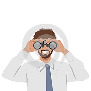 Man in formal attire looking through binoculars, symbolizing exploration