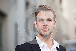 Man formal outfit businessman handsome well groomed urban background. Gentleman dressed professional attire mean serious