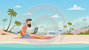 Man Freelance Remote Working Place Using Laptop Beach Summer Vacation Tropical Island