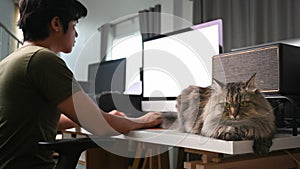 Man freelancer working with computer and sitting with his cat in living room.
