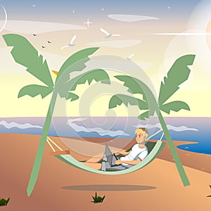 Man freelancer working on sea