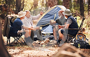 Man, friends and camping in nature with coffee for travel, adventure or summer getaway together on chairs in forest