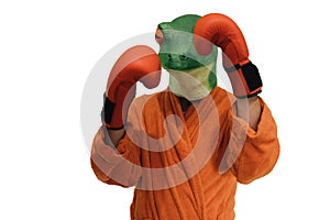 Man with a frog mask on his head wearing a colored bathrobe and boxing gloves in his hands training on white background