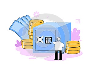 Man in front of big security safe and piles of money dialling a password code. Banking and savings concept. Flat vector photo
