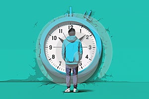 man in front of clock, comics style, generative AI