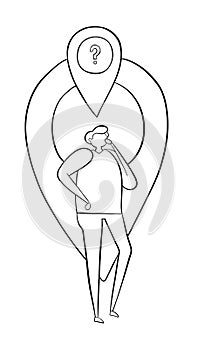 The man is in front of the map pointer and thinks where he is. Vector illustration