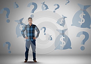 man in front of money on wall