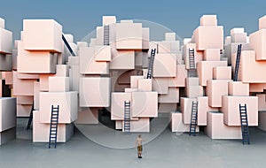 Man in front of multiple cubes and ladders