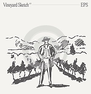 A man in front of a vineyard. Winemaker. Hand drawn vector illustration, sketch.