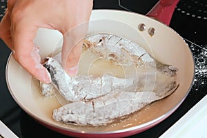 Man frying carps fish on a frying pan with oil. Close-up man`s hand putting a fish on frying pan.