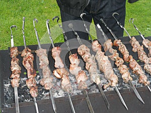 Man is frying meet in garden. Food on skewer, grill, barbecue